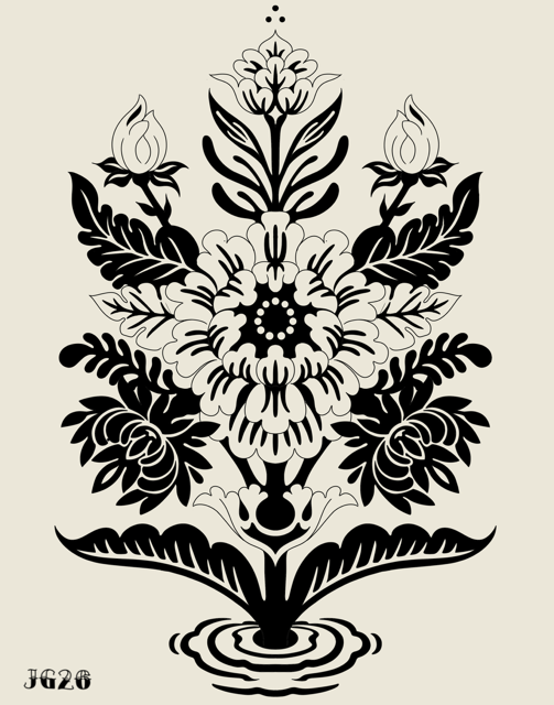 Black ornamental floral tattoo design with symmetrical leaves and blossoms on a cream background