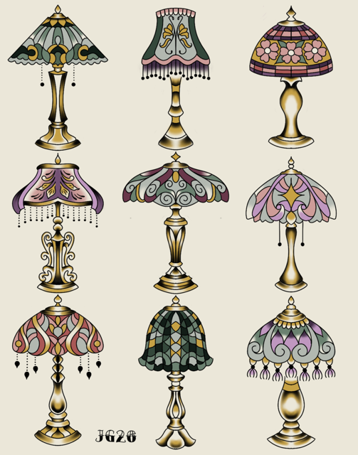 Nine ornate vintage table lamps in varied pastel and jewel-toned designs on a cream background.