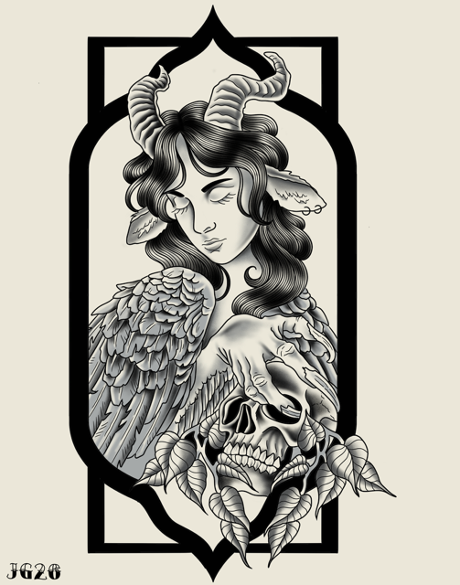 Black-and-white tattoo-style illustration of a horned woman with closed eyes and a skull motif, framed in black.