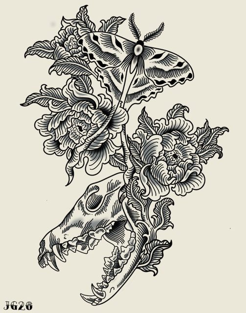 Black-and-white floral tattoo design with a skull and butterfly motif