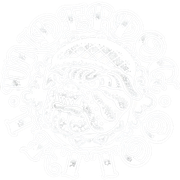Circular emblem of a crowned face with radiating ornaments, in very light monochrome relief