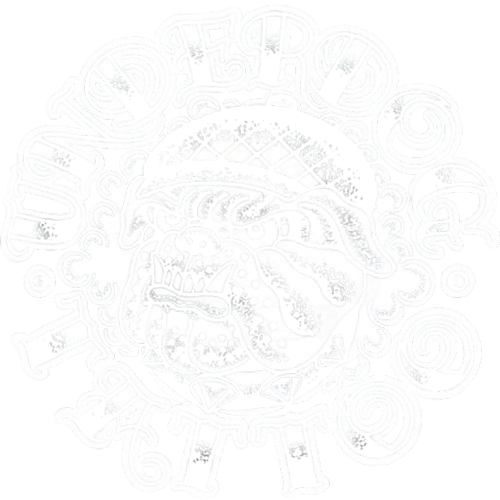 Circular emblem of a crowned face with radiating ornaments, in very light monochrome relief