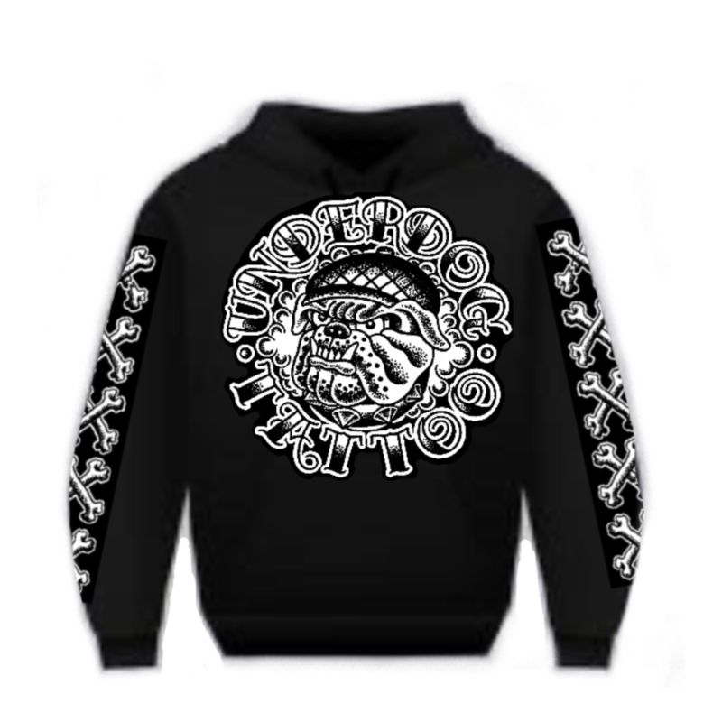 Black hoodie with white graphic print on front, sleeves, and hood.