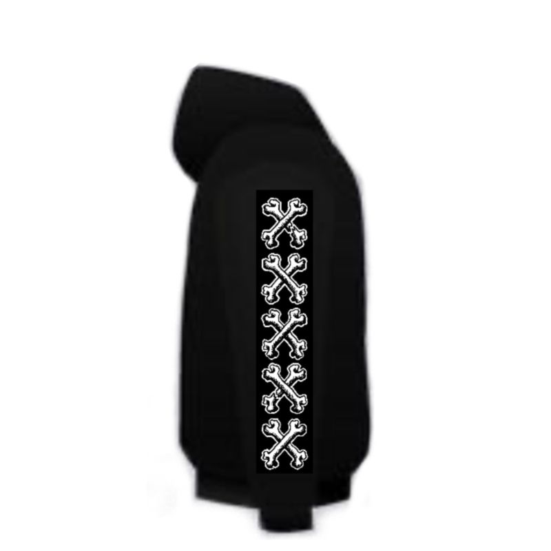Black hoodie with white graphic print on front, sleeves, and hood.
