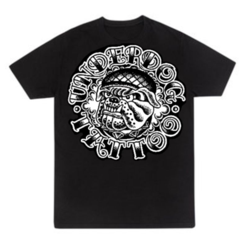 Black T-shirt with white circular bulldog tattoo-style graphic and text on the chest