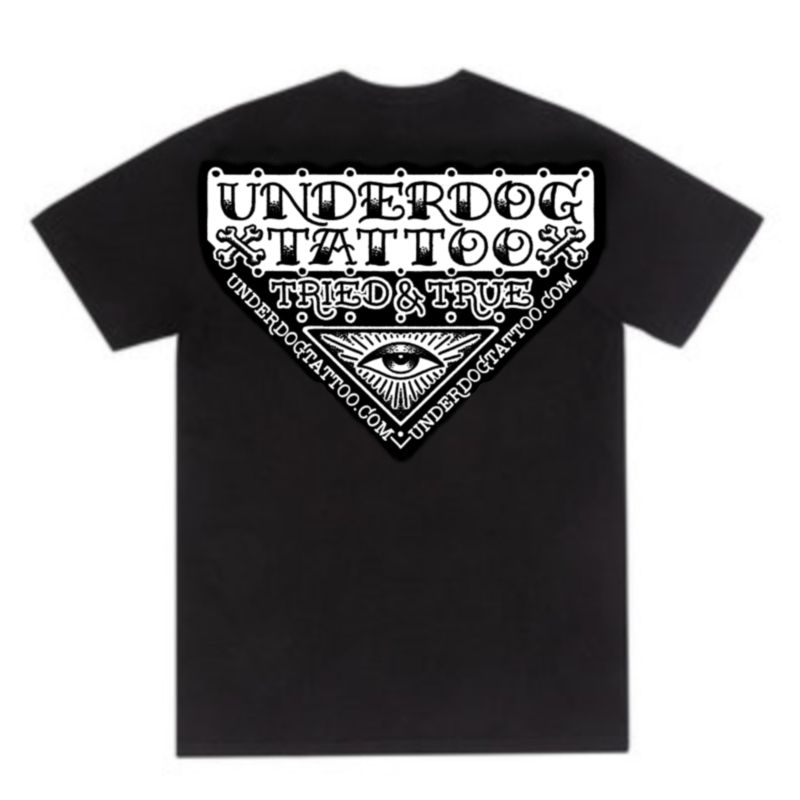 Black T-shirt with white circular bulldog tattoo-style graphic and text on the chest