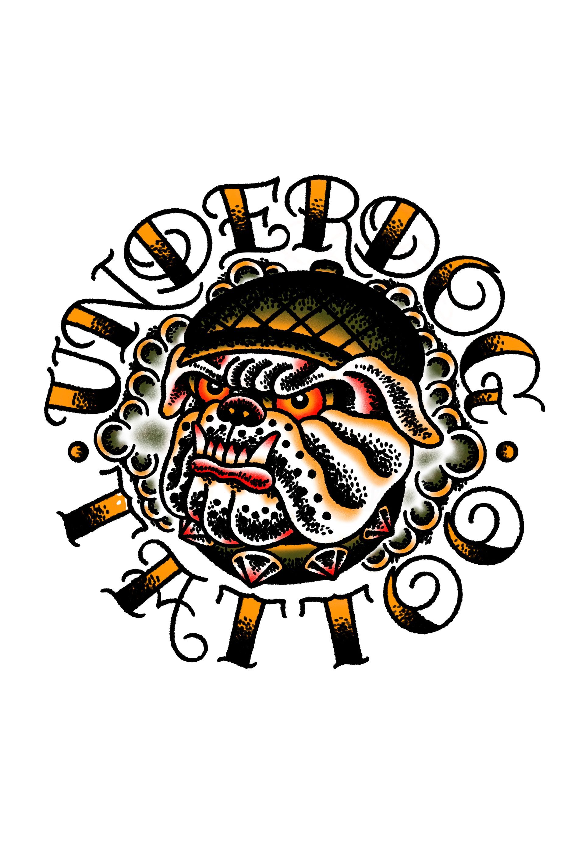 Stylized tribal mask logo with orange, black, and white accents, surrounded by circular text