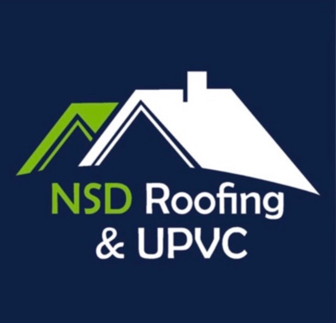 Logo for NSD Roofing & UPVC, featuring a green and white house outline on a dark blue background.