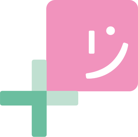 Roze vierkant met een lachend gezichtje in Japanse karakters; daaronder een plusteken in groen en lichtgroen.
