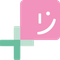 Roze vierkant met een lachend gezichtje en een overlappend groen plusteken.