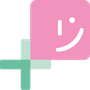 Roze vierkant met een lachend gezichtje en een overlappend groen plusteken.