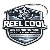 Reel Cool Air Conditioning & Construction logo with HVAC icon in black, white, and blue shield design