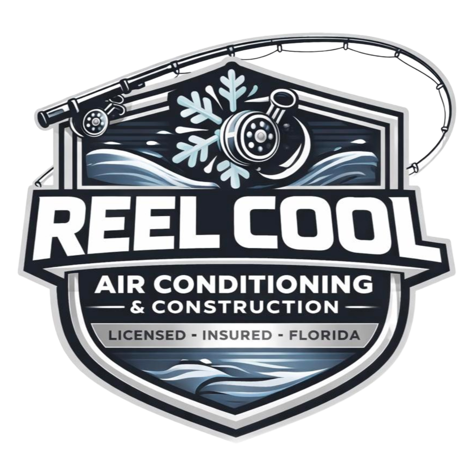 Reel Cool Air Conditioning & Construction logo with HVAC icon in black, white, and blue shield design
