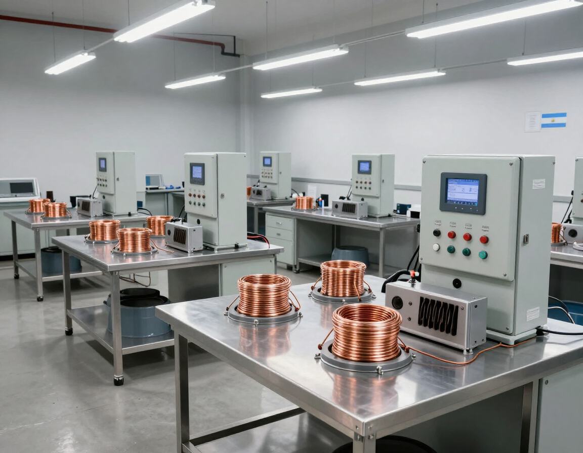 Taller industrial con bobinas de hilo de cobre sobre mesas metálicas y paneles de control en una sala de producción limpia
