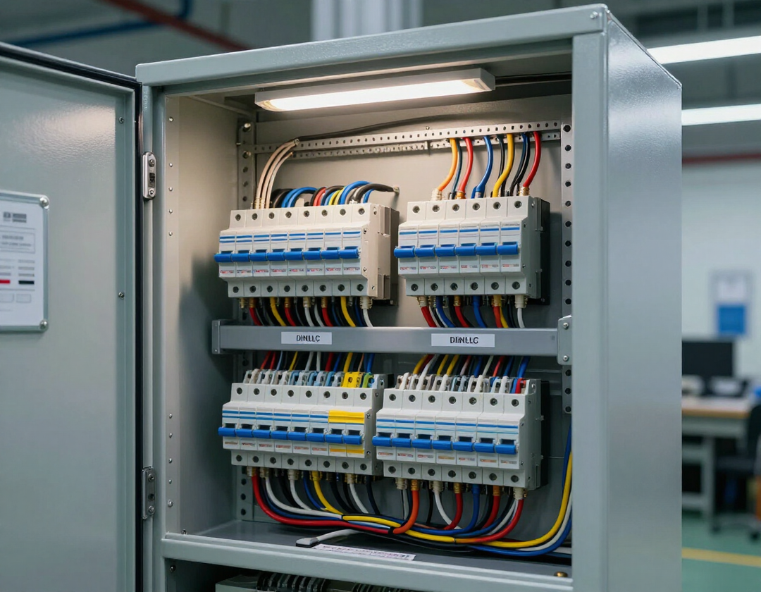 Armario eléctrico de control abierto, con filas de disyuntores y cableado de colores en su interior.
