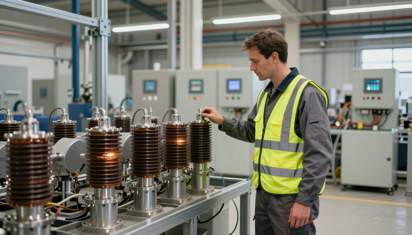 Técnico con chaleco de alta visibilidad inspeccionando bobinas de cobre y equipos en un taller de fábrica