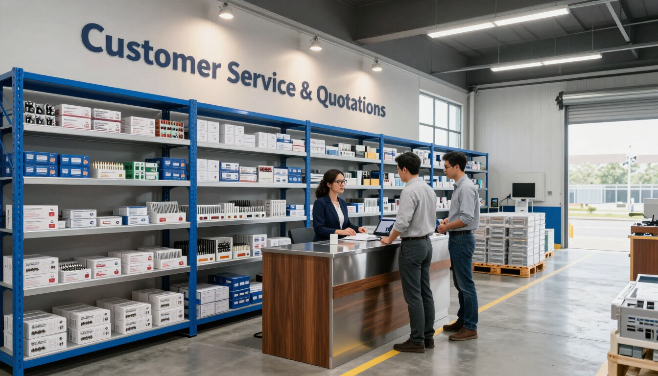 Mostrador de atención al cliente en un almacén, con personal atendiendo a dos clientes en un escritorio rodeado.