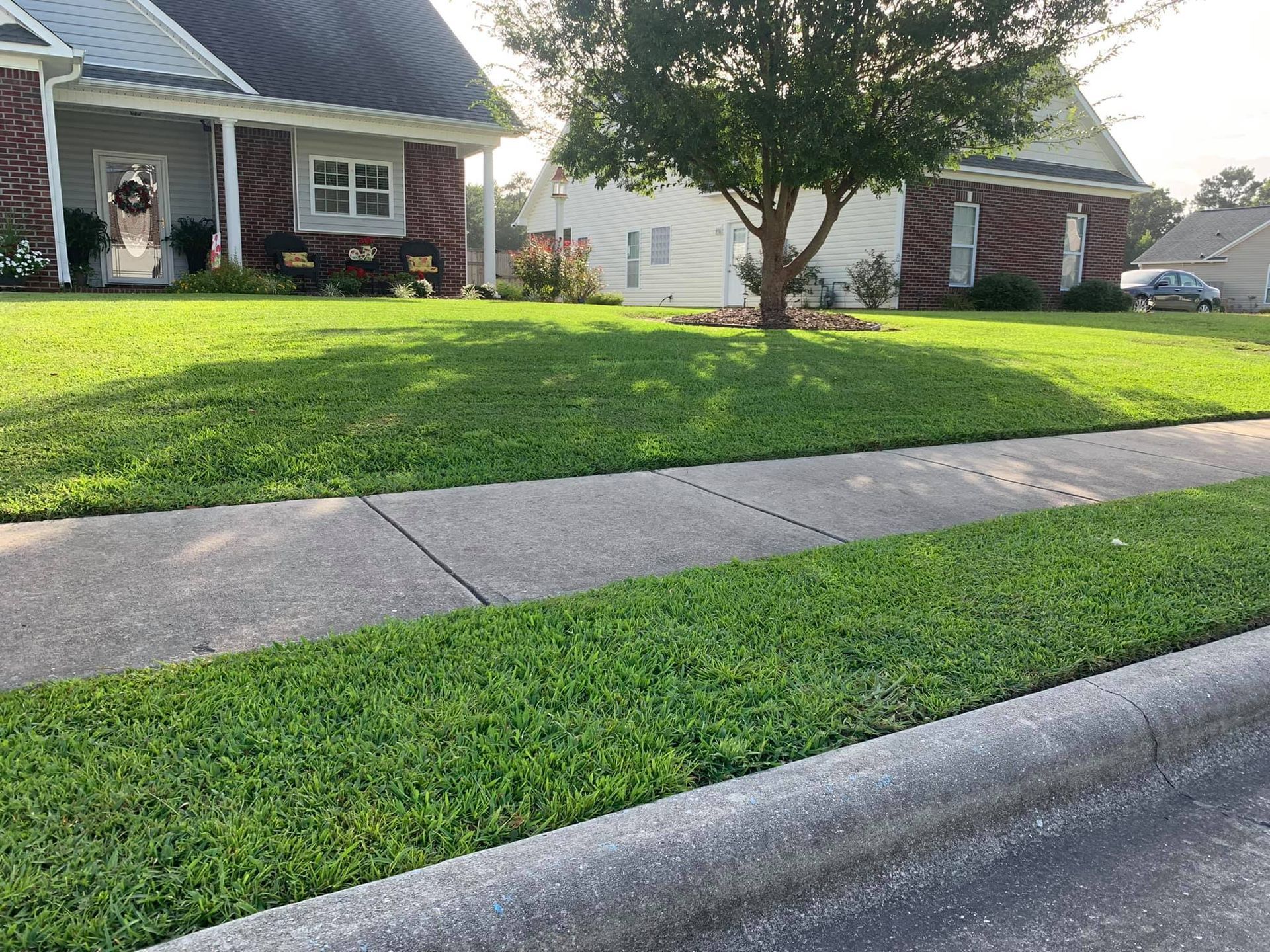 A house with a lush green lawn and a tree in front of it.