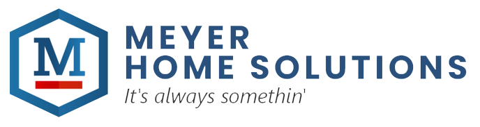 Company logo for Meyer Home Solutions featuring a blue letter M in a hexagon with a red bar above the text.