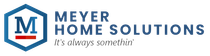 Company logo for Meyer Home Solutions featuring a blue letter M in a hexagon with a red bar above the text.