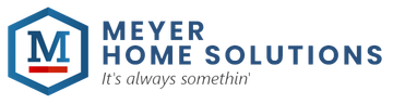 Company logo for Meyer Home Solutions featuring a blue letter M in a hexagon with a red bar above the text.