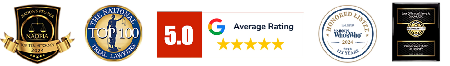 Logos including a 5.0 Google rating, a lawyer with scales, and other company seals.