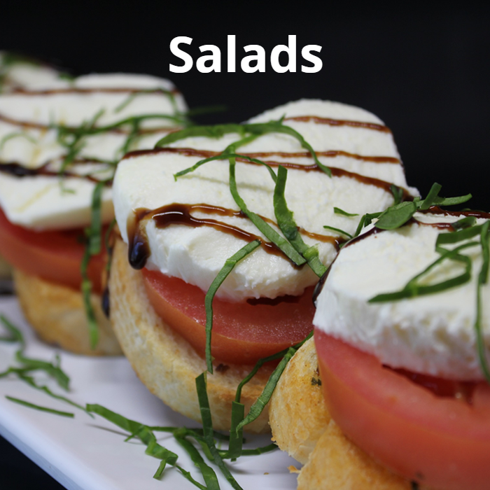 An assortment of fresh and vibrant salad recipes, including Pasta Caprese Salad, Karin's Salad, and Salad with Italian Dressing, beautifully arranged with colorful ingredients and garnishes.