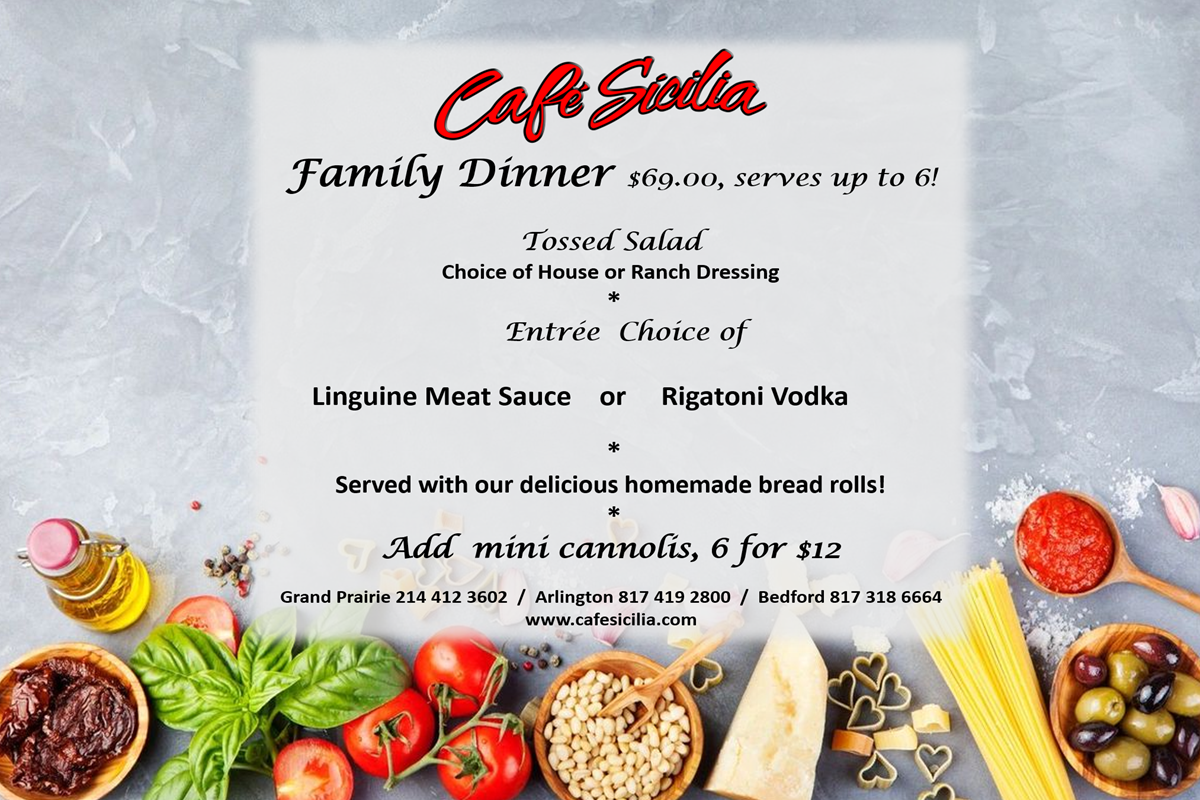 Family Meal. Choice of Linguine with Meat sauce or Rigatoni Vodka.  Includes tossed salad and bread rolls all for only $69.00
 
