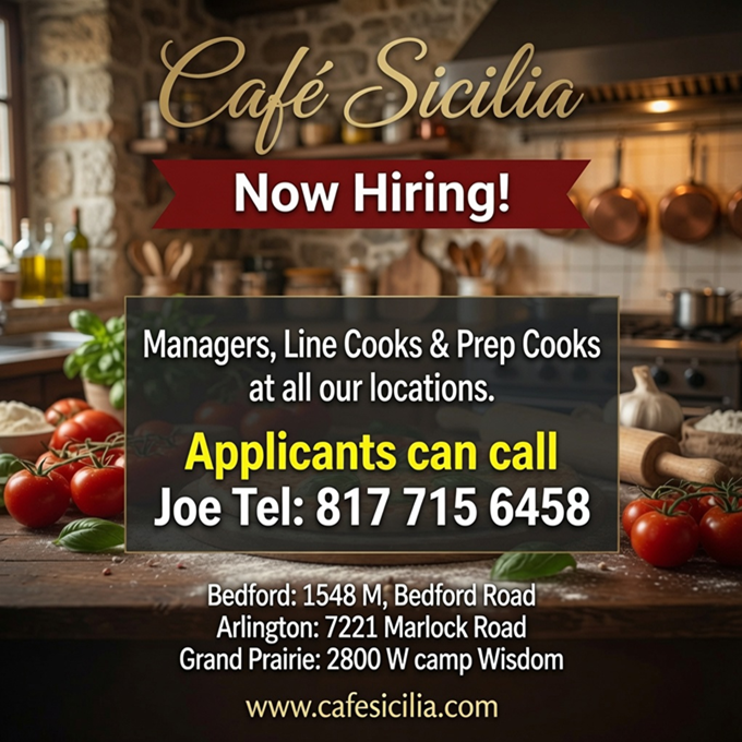 Cafe Sicilia Now Hiring all kitchen positions.