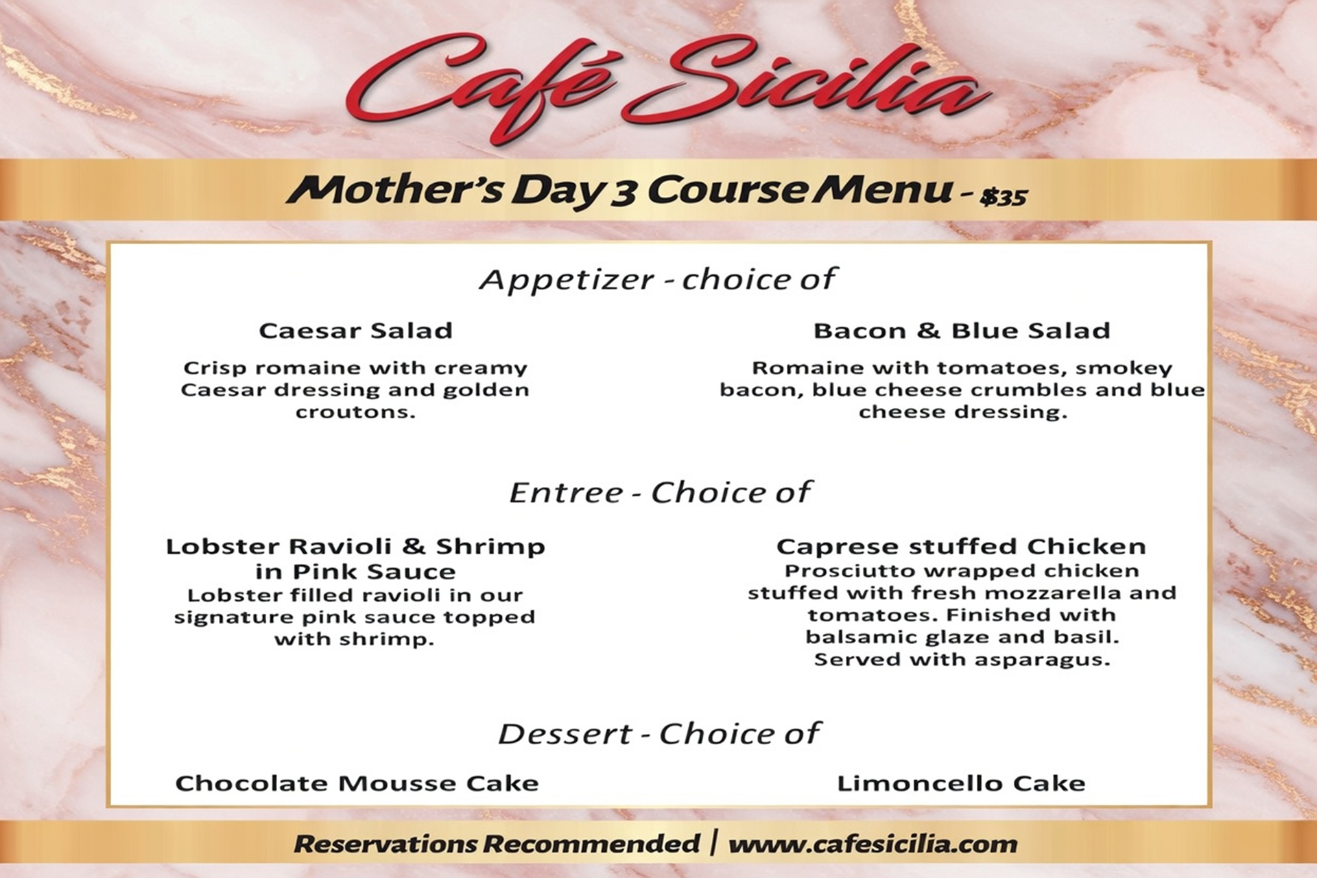 Mother's Day special menu featuring elegantly plated gourmet dishes, rich flavors, fresh ingredients, and delightful desserts. A perfect way to spoil Mom.