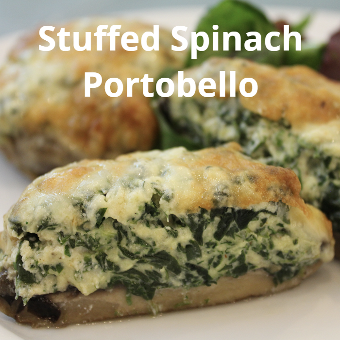 Portobello mushrooms stuffed with a mixture of spinach, ricotta cheese, egg yolks, chives, garlic, Parmesan cheese, and seasonings, topped with melted mozzarella cheese and grilled to golden brown perfection, served on a bed of arugula leaves.