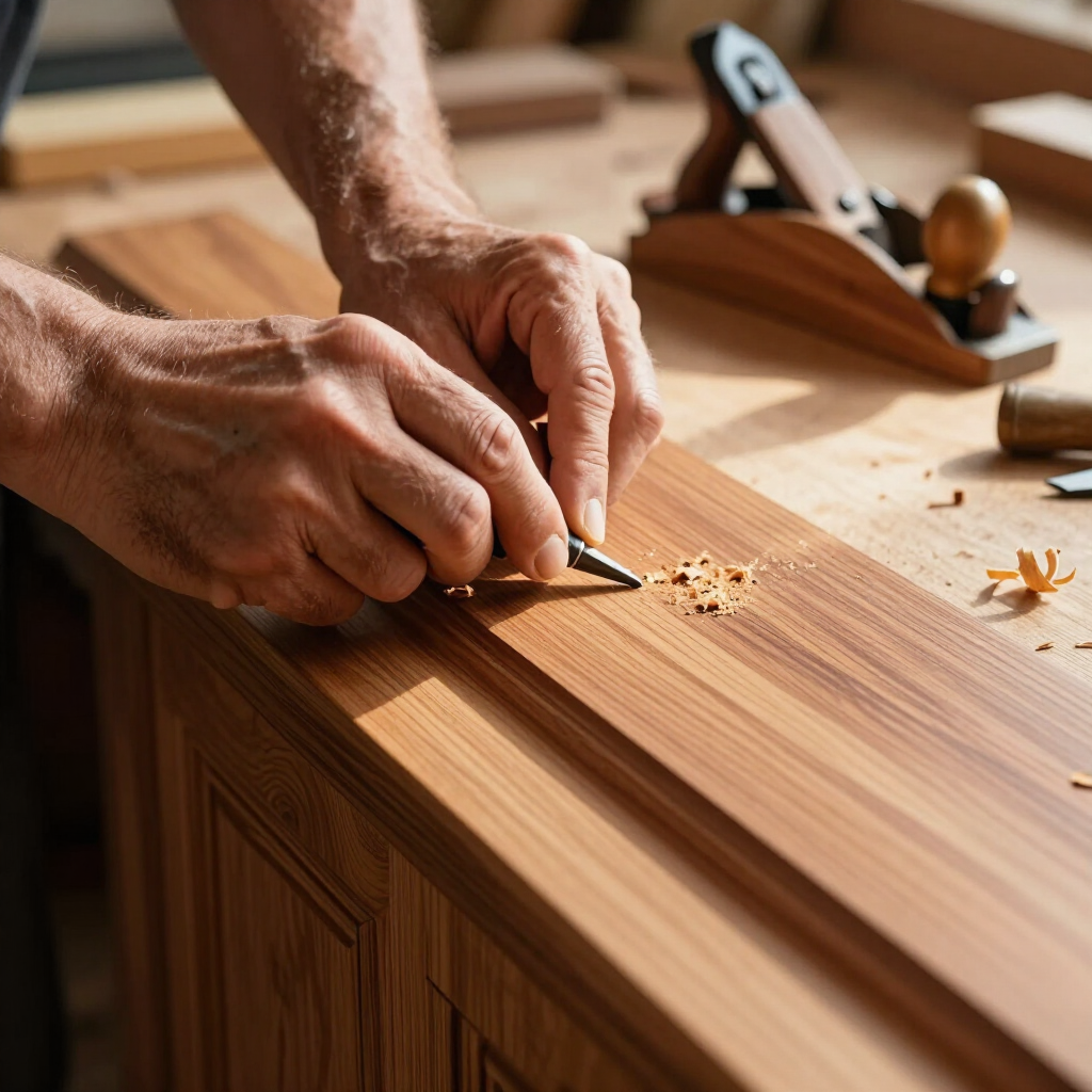 Hands carving wood on a workbench with a hand plane in the background
