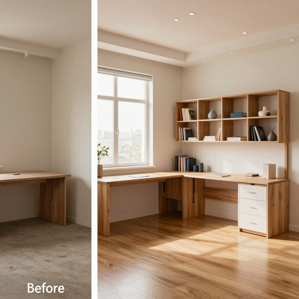 Before-and-after of a minimalist home office with wooden desk, shelving, and bright window light