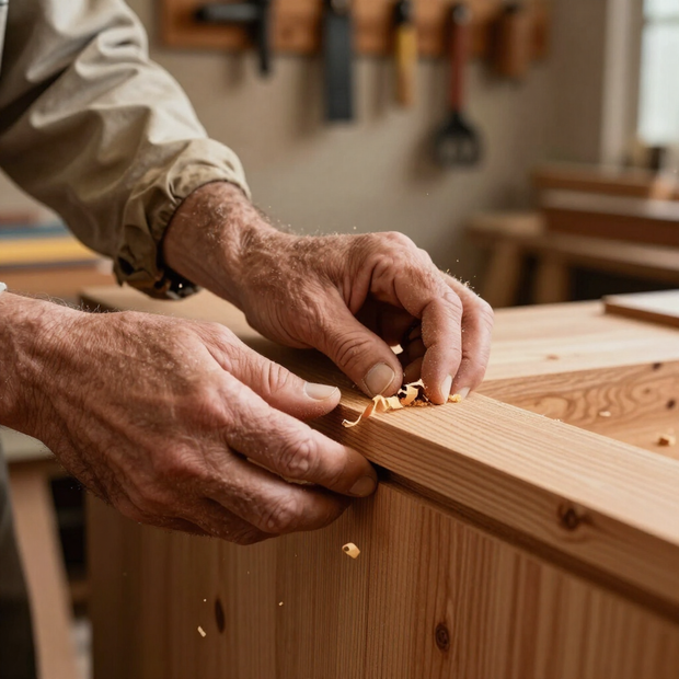 Hands smoothing a wooden board edge in a workshop, with sawdust visible