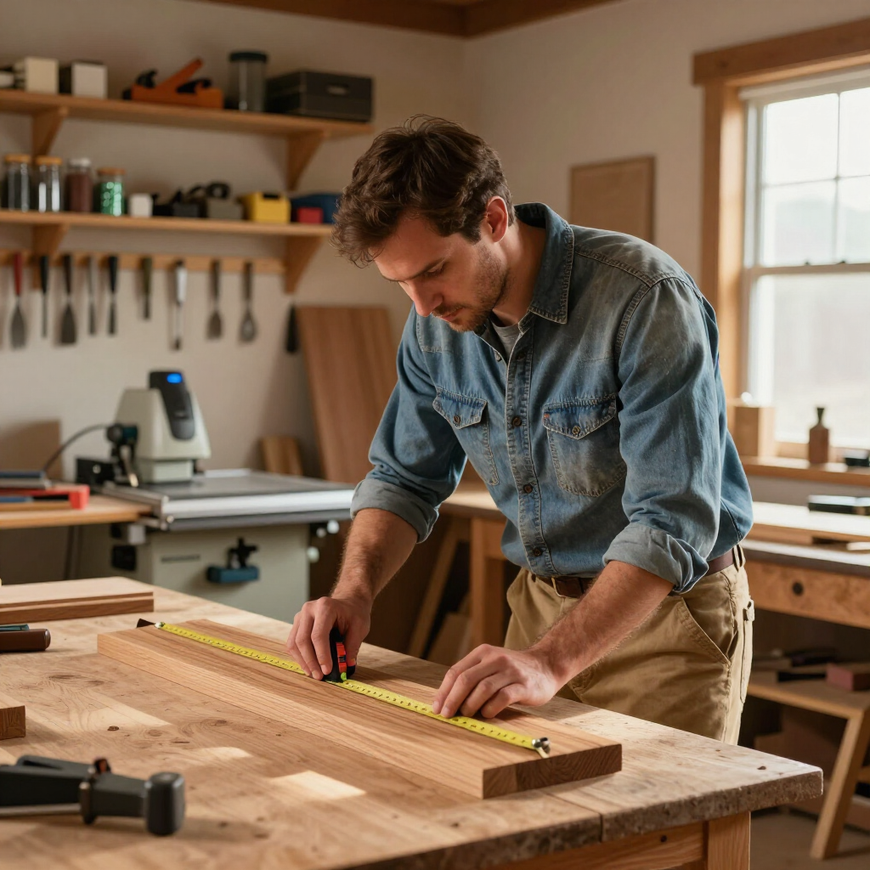 Man measuring a wooden board with a tape measure in a workshop