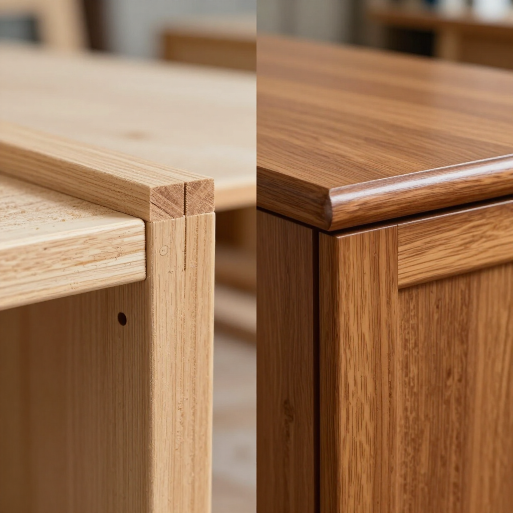 Close-up of two wooden cabinet corners showing unfinished and finished trim details