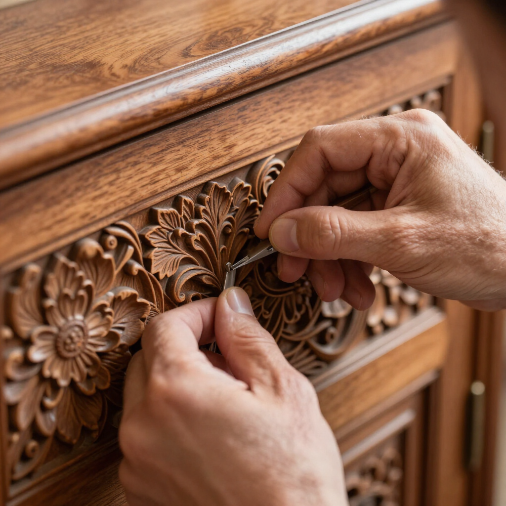 Hands carving ornate floral wood trim on a wooden cabinet