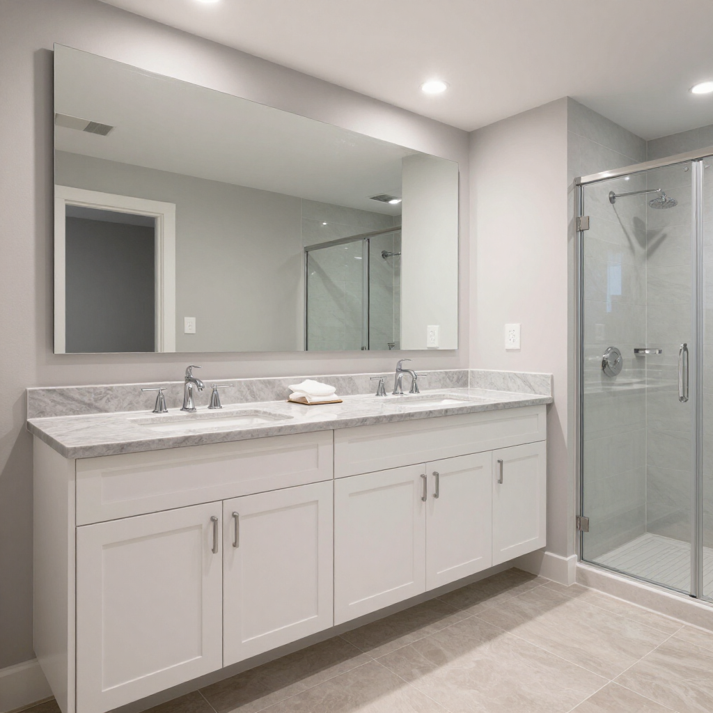 Modern bathroom with white vanity, large mirror, marble countertop, and glass shower enclosure