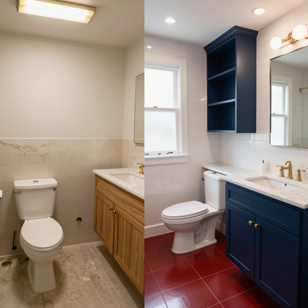 Split-view bathroom before-and-after with white tile and wood vanity on left, blue vanity and red floor on right