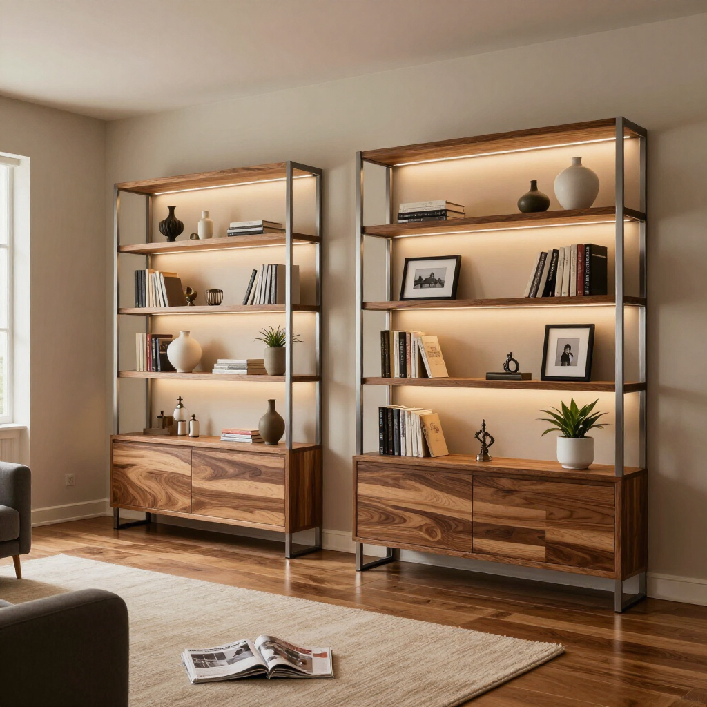 Two wooden shelving units in a bright living room, styled with books, decor, and plants.