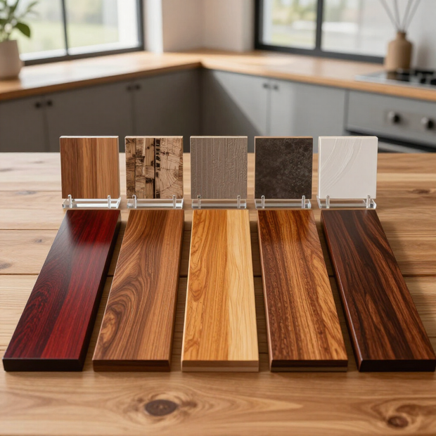 Wood stain samples displayed on a wooden table in a kitchen with a windowed background