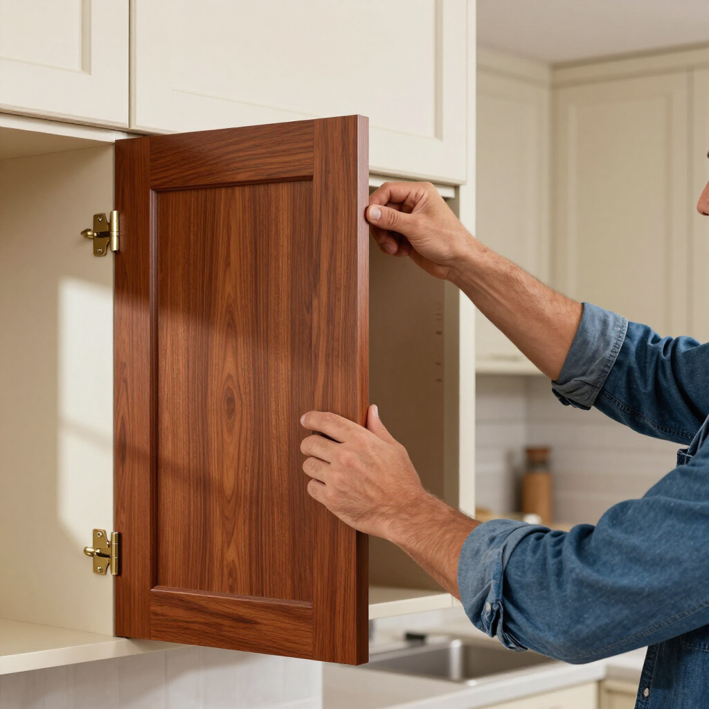 Person installing a wood cabinet door in a kitchen cabinet