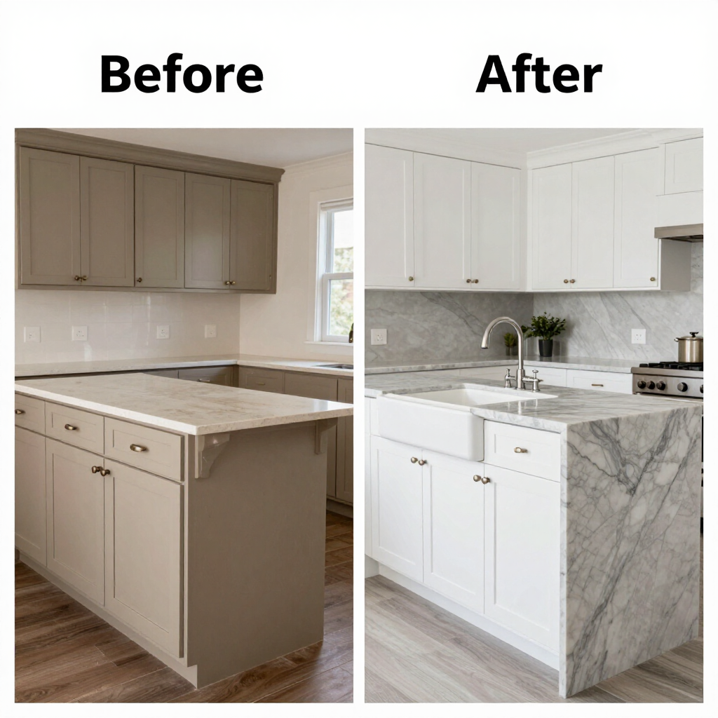 Before-and-after kitchen remodel: dark beige cabinets transformed to bright white cabinets with marble island.