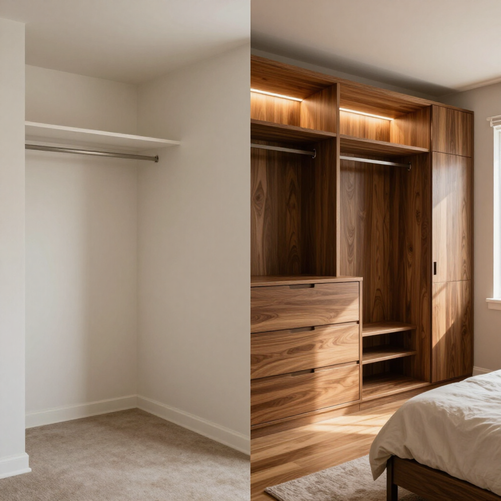 Spacious bedroom with built-in wooden wardrobe, hanging rail, and beige carpet, lit by warm under-cabinet lights