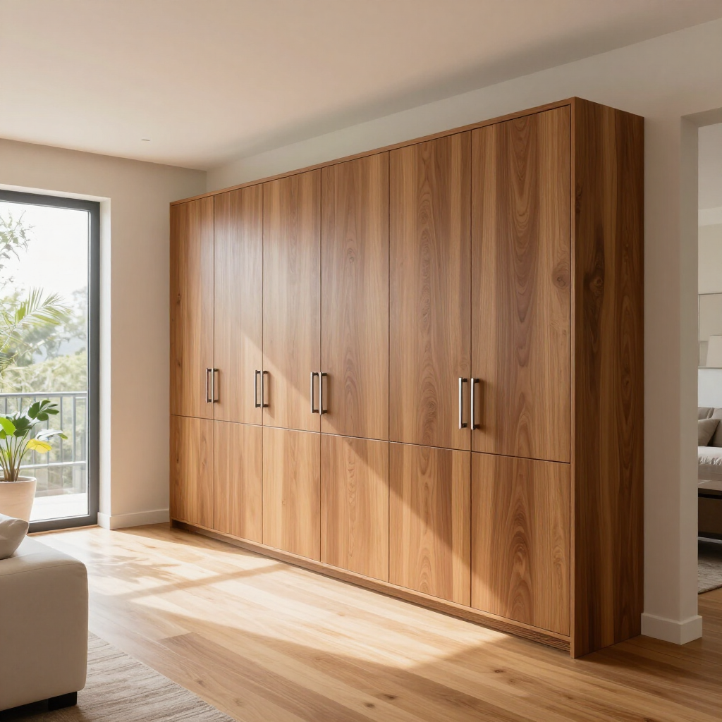 Large wooden wardrobe with metal handles in a sunlit modern bedroom.