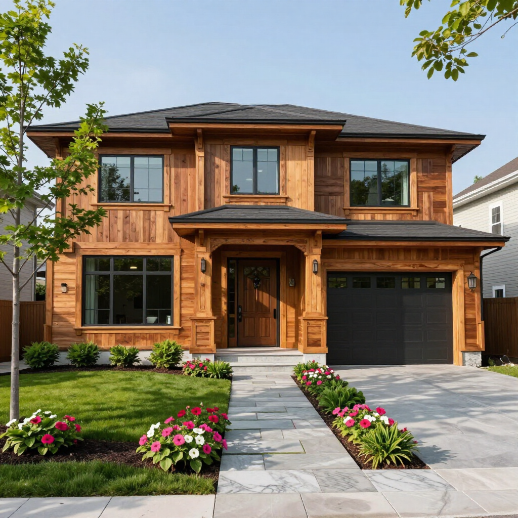 Modern two-story house with wood siding, black garage door, and landscaped front yard