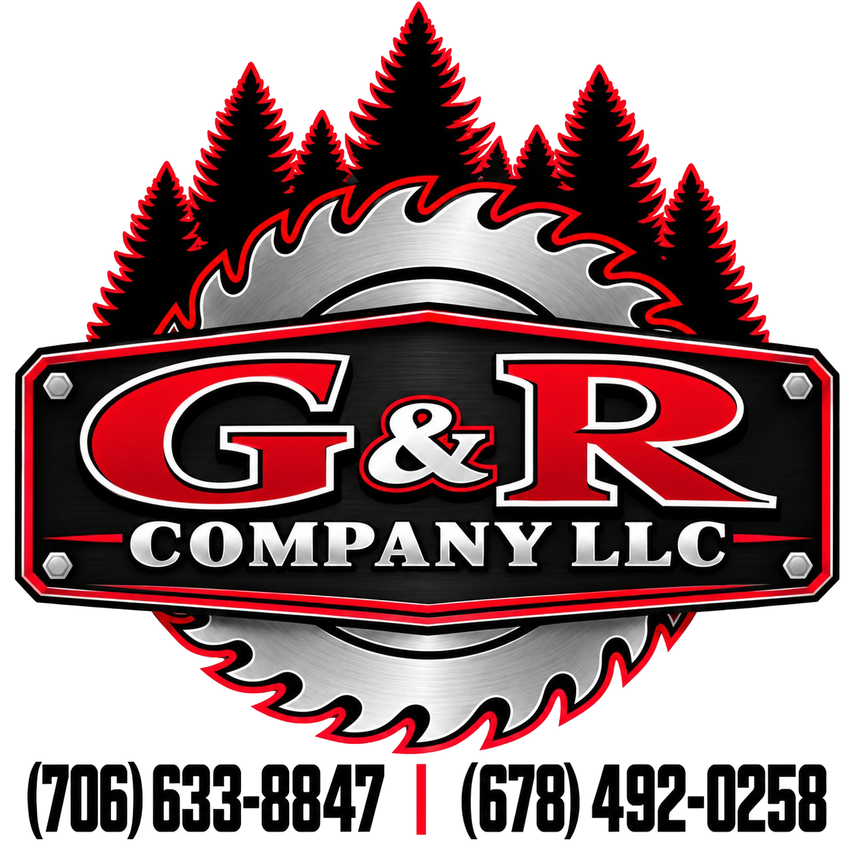 G&R Company LLC logo with pine trees, circular saw blade, and phone numbers 706-633-8847 and 678-492-0258