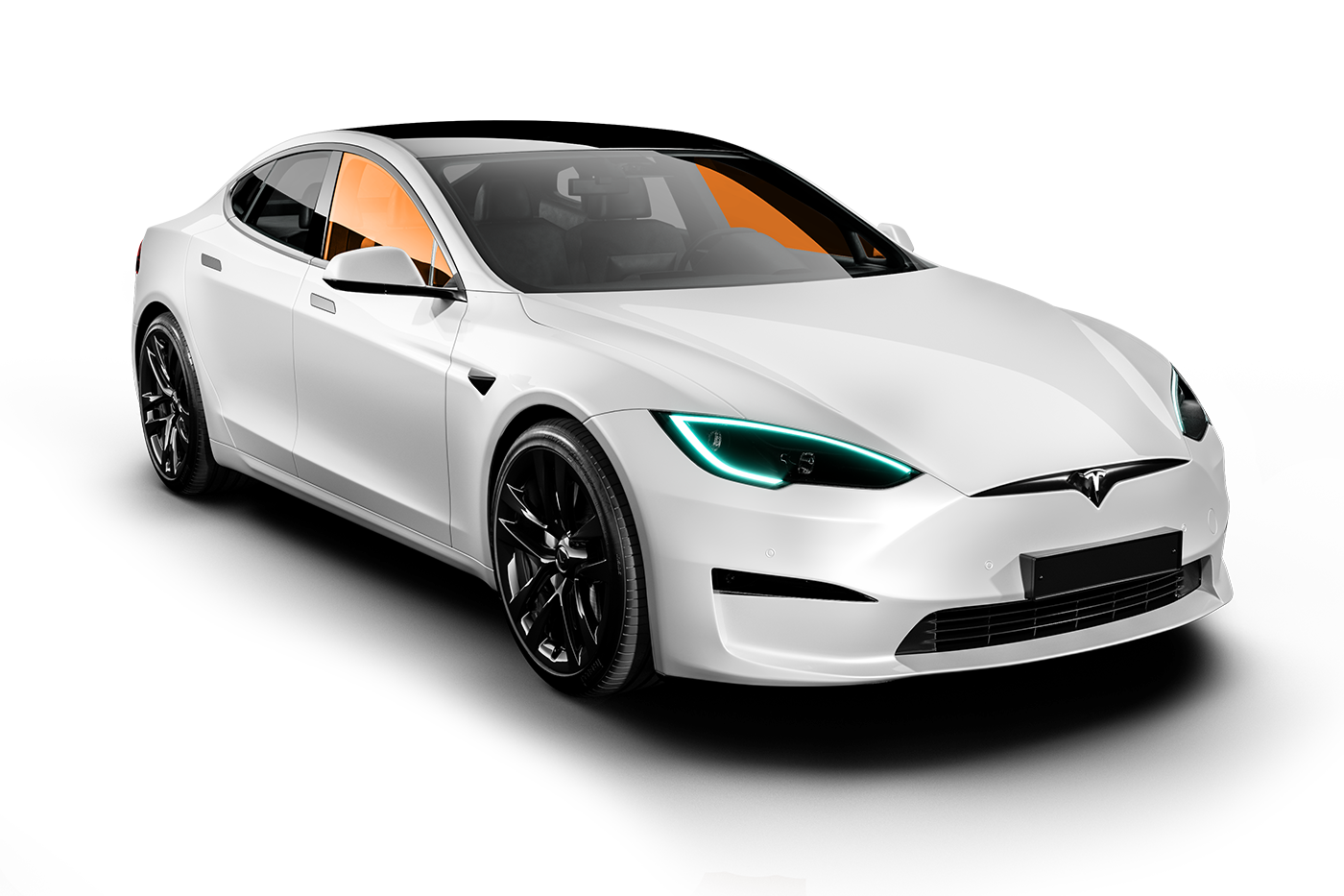 White Tesla Model S car, black wheels, against white background.