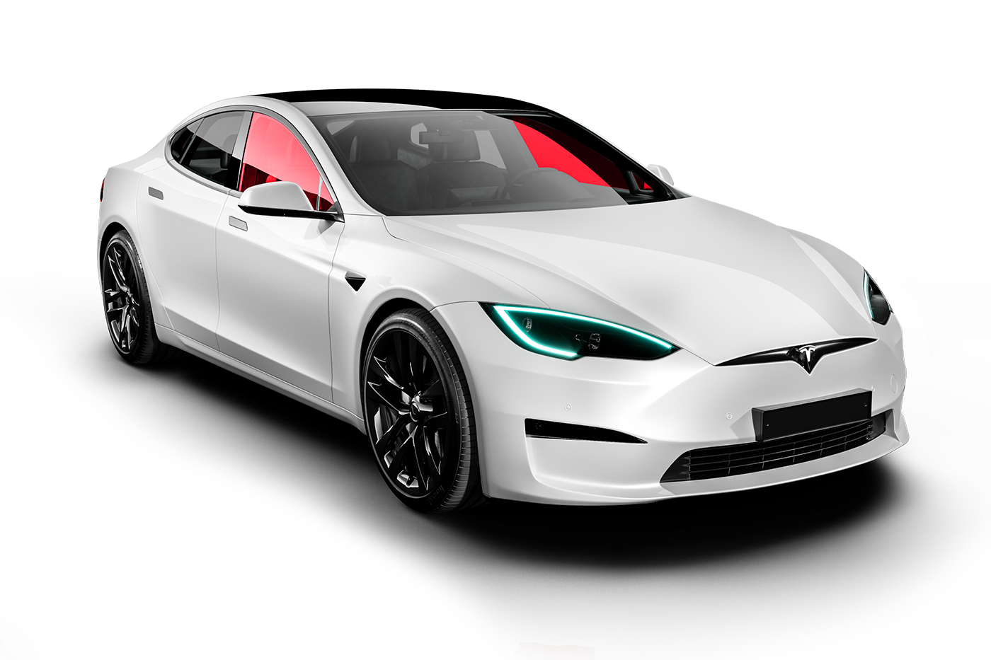 White Tesla electric car with red tinted windows and black wheels.