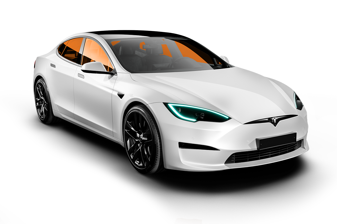 White Tesla Model S car, black wheels, blue-tinted headlights, orange interior, on white background.